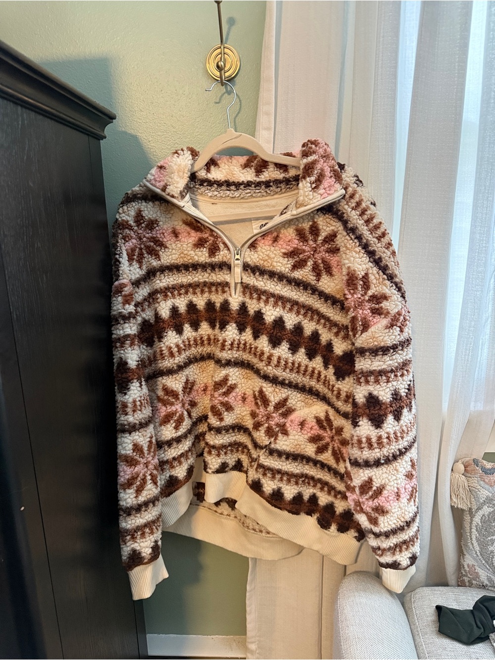 aerie Cream, Brown & Pink Sherpa Half-Zip Turtleneck Sweater